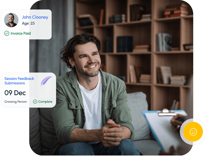 Smiling man in a therapy session speaking with a clinician, with overlays showing invoice paid and session feedback completed.