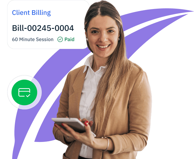 Smiling woman holding a tablet with an overlay showing a client billing entry marked paid, illustrating streamlined billing and easy payment tracking.