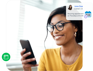 Smiling woman checking her phone with an overlay showing a recurring appointment reminder, illustrating easy scheduling and automated client notifications.