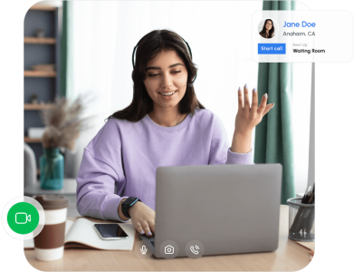 Woman on a laptop participating in a telehealth video call, with an on-screen interface showing a client profile and “Start call” button, illustrating secure virtual therapy and online session management.