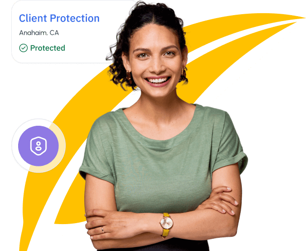 Smiling woman standing with arms crossed in front of a graphic background, accompanied by a “Client Protection” badge indicating secure and protected client data.
